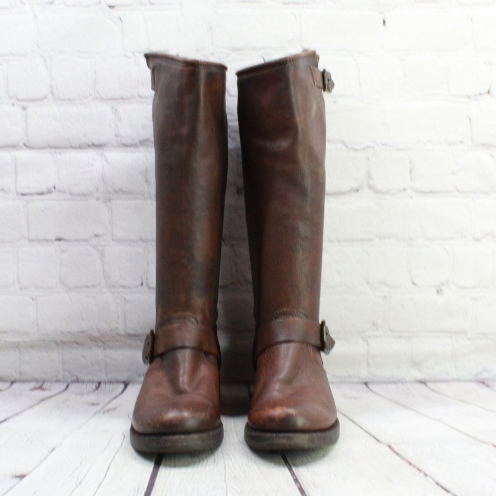 FRYE Veronica Brown Distressed Leather Buckle Tall  Boots Size 7.5 B - Picture 4 of 10